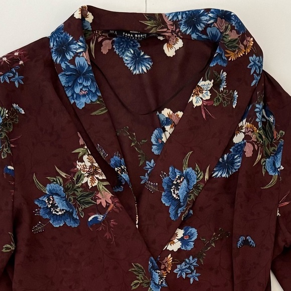 Zara Women's Dark Academia Floral Wrap Long Sleeve Blouse Top, Burgundy, Size S - Picture 7 of 12